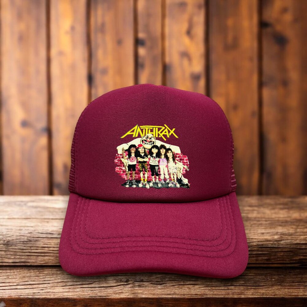 Anthrax Mens Trucker Hat Maroon Snapback Thrash Metal Band Retro Logo Ball Cap